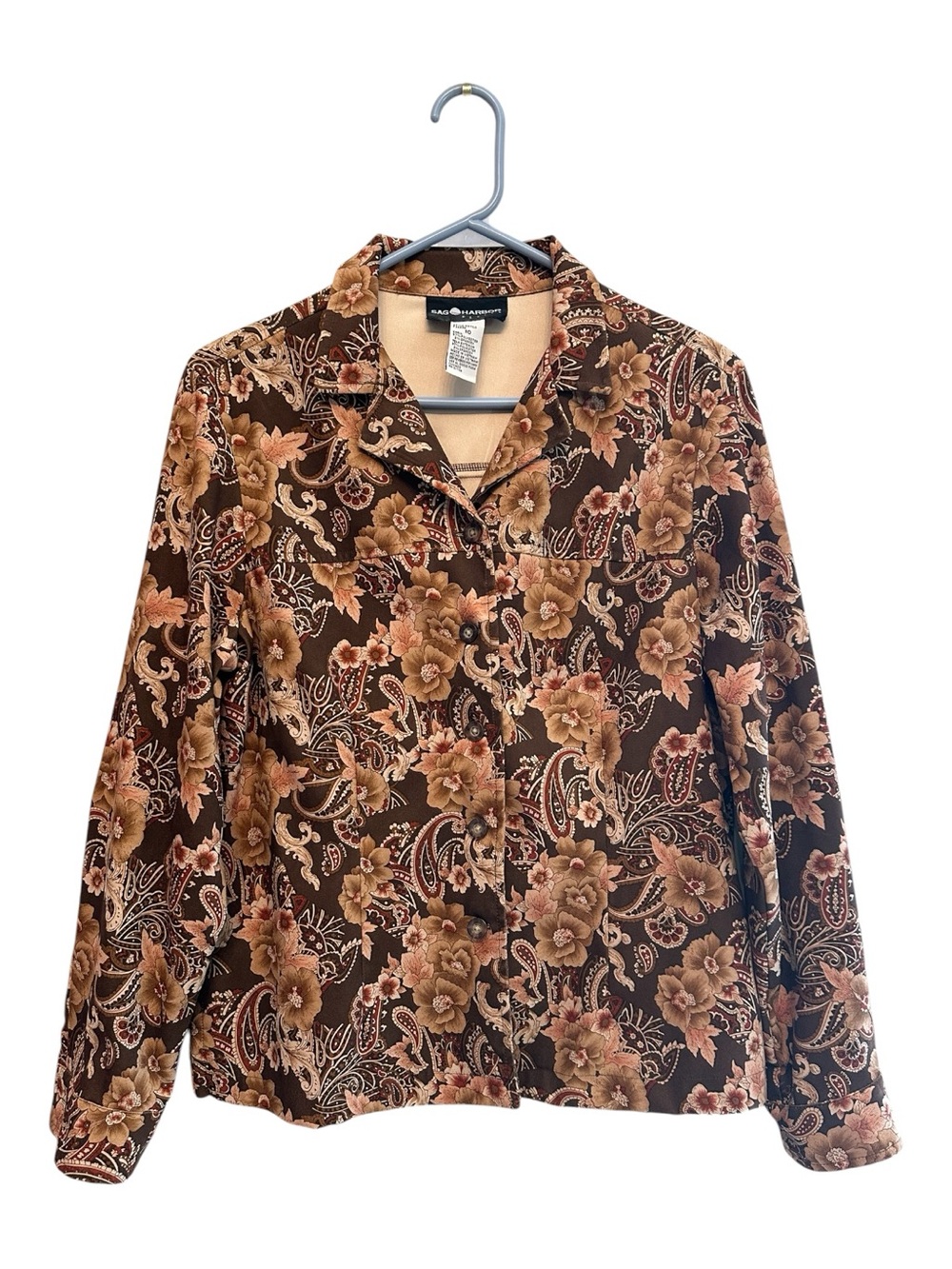 Vintage 90’s Sag Harbor Brown Floral Paisley Button-Down Shirt Size 10 Petite